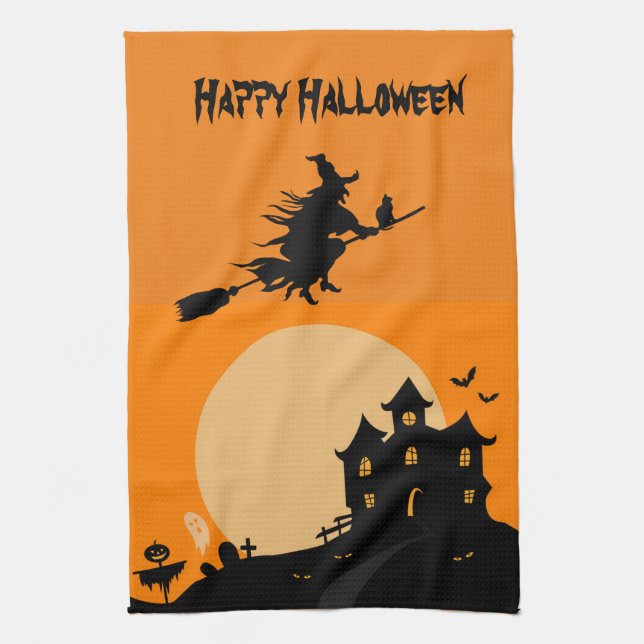 Frohe Halloween-Hexe auf einem Besen Geschirrtuch (Vertikal)