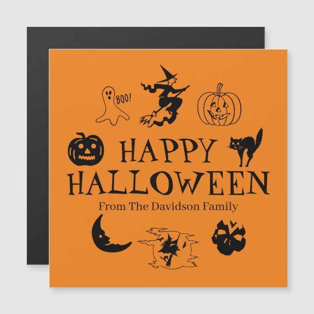 Frohe Halloween-individuelle Name-Schwarz-Orange-M Magnetkarte (Vorne/Hinten)