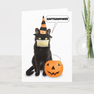 Frohe Halloween-Katze durch die Gesichtsmaske Feiertagskarte