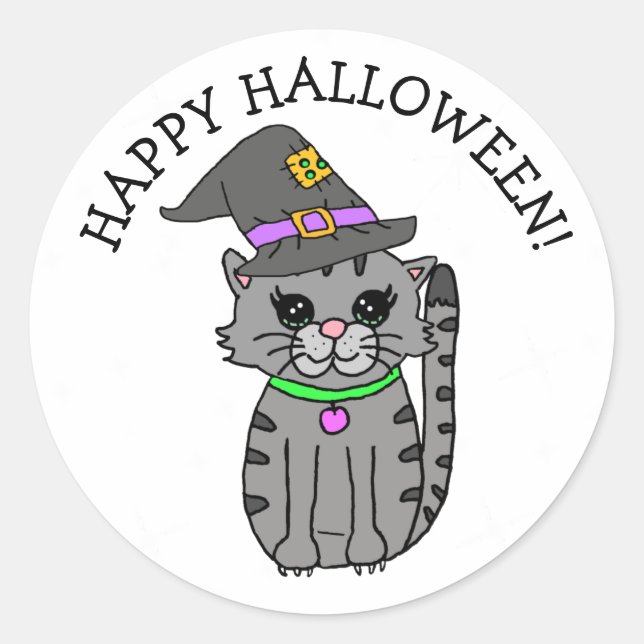 Frohe Halloween-Katze in Hexenhut Runder Aufkleber (Vorderseite)