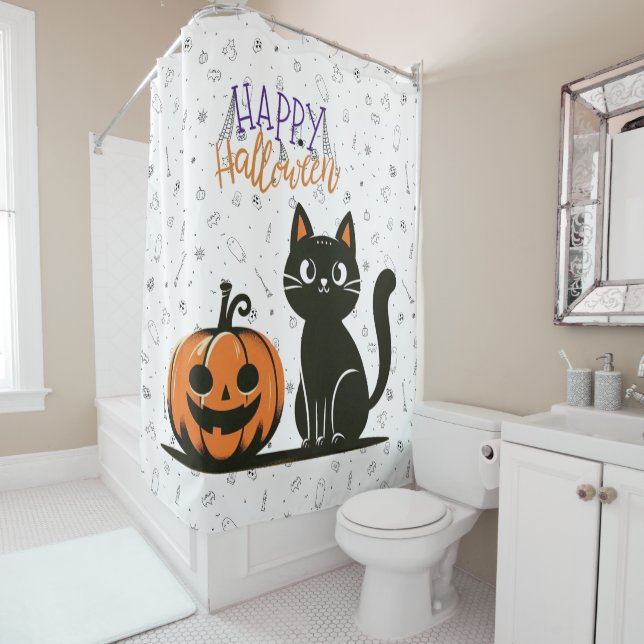 Frohe Halloween-Katze & Kürbis Duschvorhang (Beispiel)