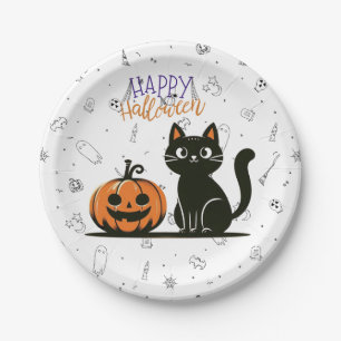 Frohe Halloween-Katze & Kürbis Pappteller