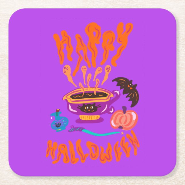 Frohe Halloween Katzenliebhaber Hexe-Tasse Kaffee Rechteckiger Pappuntersetzer (Vorderseite)