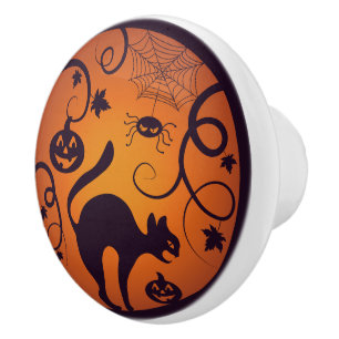 Frohe Halloween Laternenschwarze Katzen Spinnen un Keramikknauf