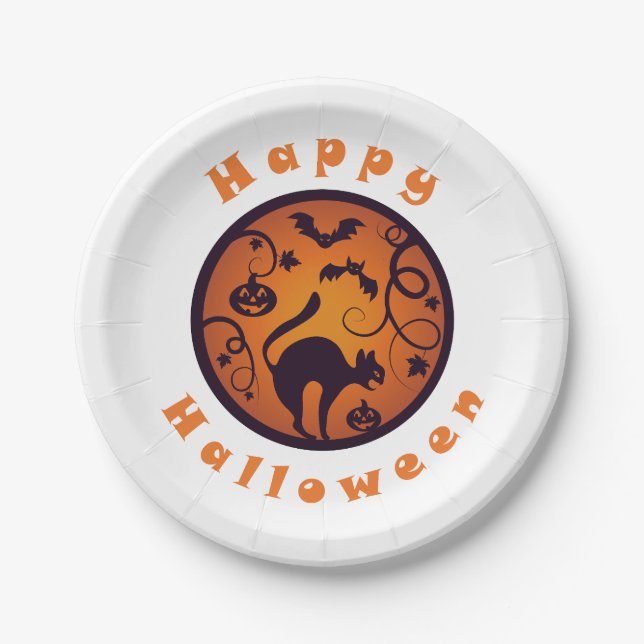 Frohe Halloween Laternenschwarze Katzen Spinnen un Pappteller (Vorderseite)