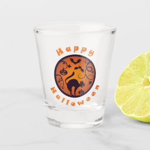 Frohe Halloween Laternenschwarze Katzen Spinnen un Schnapsglas