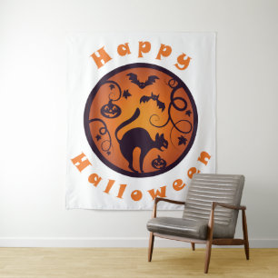 Frohe Halloween Laternenschwarze Katzen Spinnen un Wandteppich