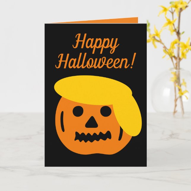 Frohe Halloween-lustige Trump-Kürbis-Kopf-Cartoon Karte (Gelbe Blume)