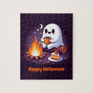 Frohe Halloween mit Geist trinken Kaffee