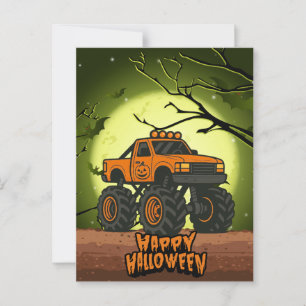Frohe Halloween Monster Truck mit Fledermäusen und Postkarte