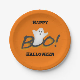 Frohe Halloween Niedlich Ghost Word BOO!Orange Pappteller
