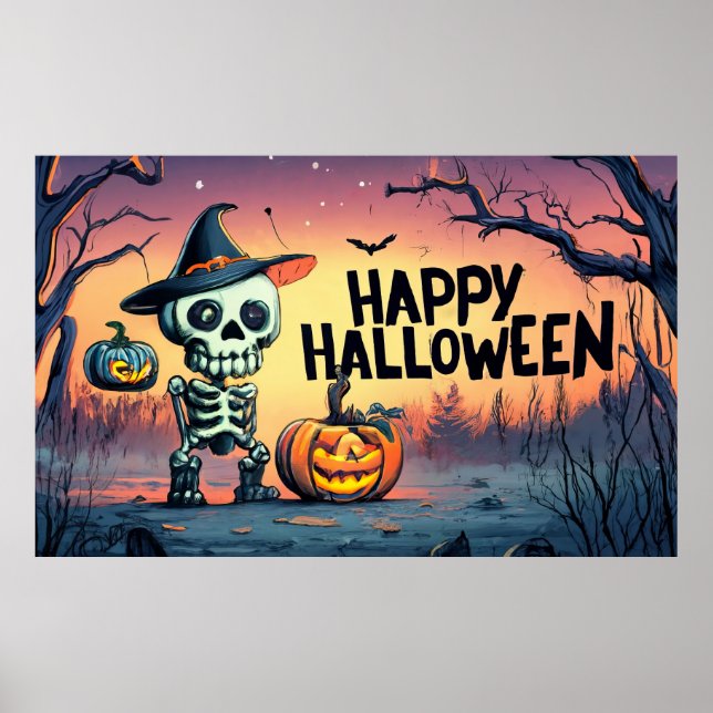Frohe Halloween! Niedliches Skelett Poster (Vorne)