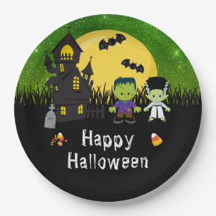 Frohe Halloween Party Monster Green Pappteller