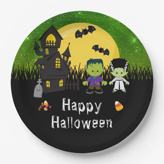 Frohe Halloween Party Monster Green Pappteller (Vorderseite)