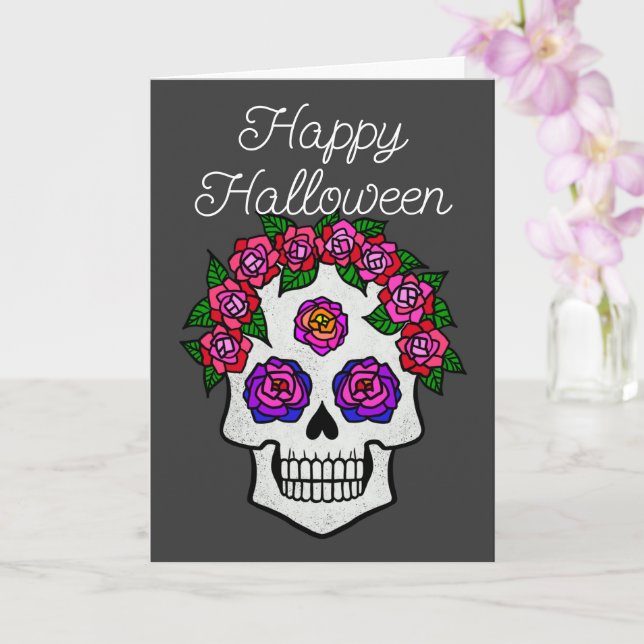 Frohe Halloween Rainbow Skull mit Rose Karte (Orchidee)