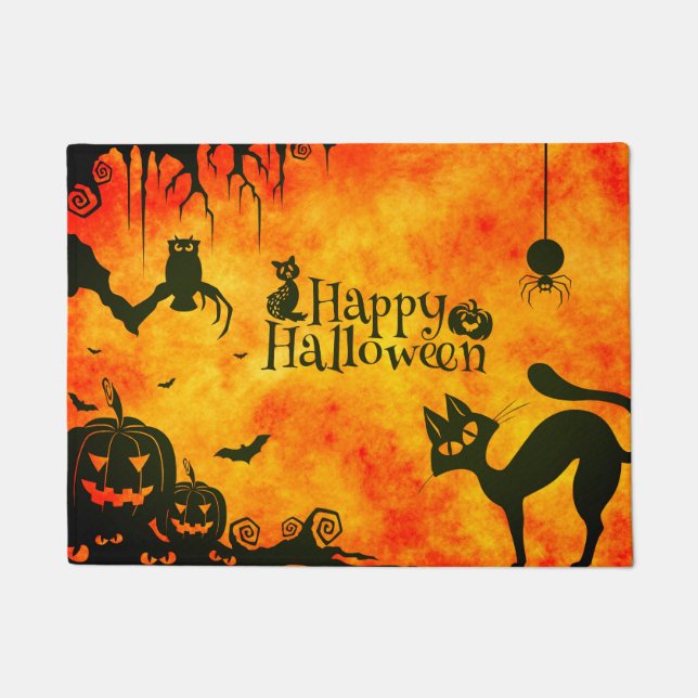 Frohe Halloween-Schwarzkatze, Eule, Kürbis Fußmatte (Vorderseite)