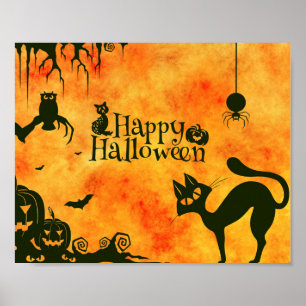 Frohe Halloween-Schwarzkatze, Eule, Kürbis Poster