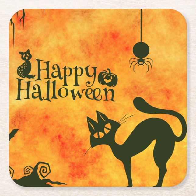 Frohe Halloween-Schwarzkatze, Eule, Kürbis Rechteckiger Pappuntersetzer (Vorderseite)
