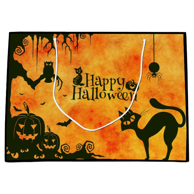 Frohe Halloween-Schwarzkatze, Eule, Kürbisse Große Geschenktüte (Vorderseite)