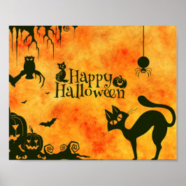 Frohe Halloween-Schwarzkatze, Eule, Kürbisse Poster