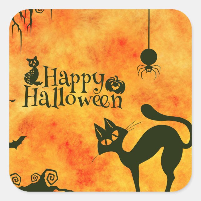 Frohe Halloween-Schwarzkatze, Eule, Kürbisse Quadratischer Aufkleber (Vorderseite)