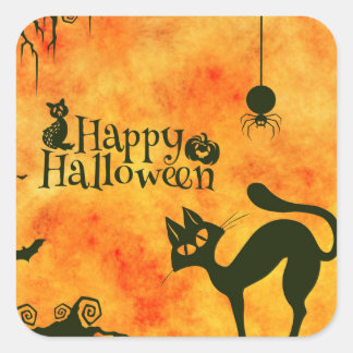 Frohe Halloween-Schwarzkatze, Eule, Kürbisse Quadratischer Aufkleber