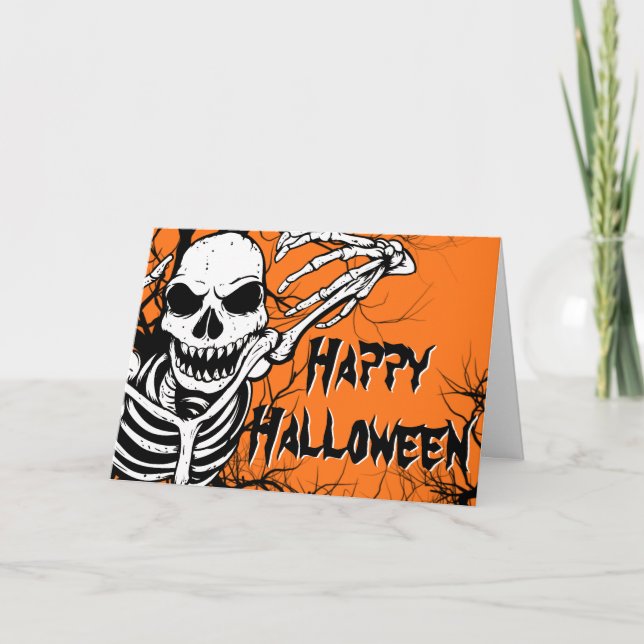 Frohe Halloween Skeleton Orange Black Spooky Karte (Vorderseite)