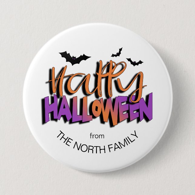 Frohe Halloween Typografie mit Orange/Fledermäuse- Button (Vorderseite)
