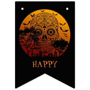 Frohe Halloween Zucker Schädel Friedhof Vollmond 2 Wimpelkette
