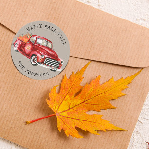 Frohe Herbstgrüße, roter LKW mit Kürbissen Quadratischer Aufkleber