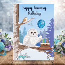 Frohe Januar-Geburtstags-Schneeeule mit Kuchen