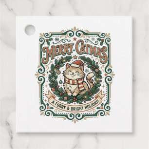 Frohe Katmas Katze Weihnachten Vintage Vektor Kuns Geschenkanhänger