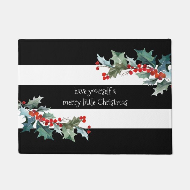 Frohe kleine Weihnachtsstreifen und Holly Fußmatte (Vorderseite)