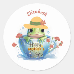 Frohe Mutter Tag Frosch und Hut in einem Teacup Runder Aufkleber