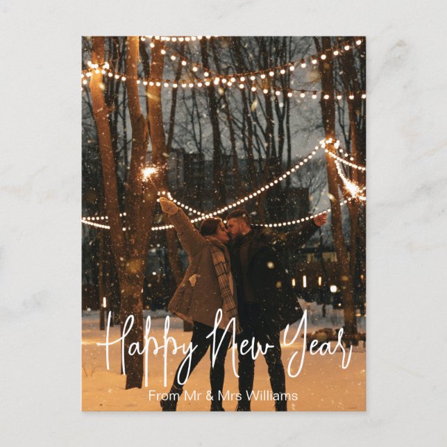 frohe neue Jahr Weiße Handschrift mr&mrs Foto Postkarte (Vorderseite)