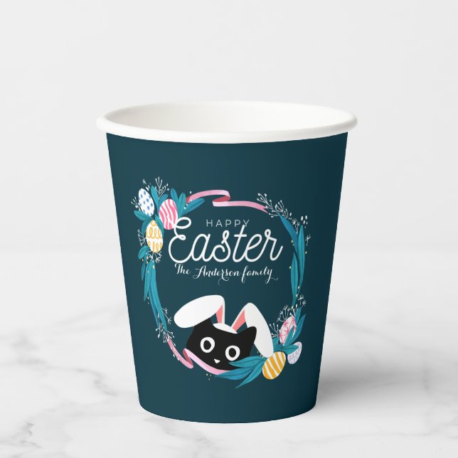 Frohe Osterfeige, Schwarze Katze mit sonnigen Ohre Pappbecher (Vorderseite)