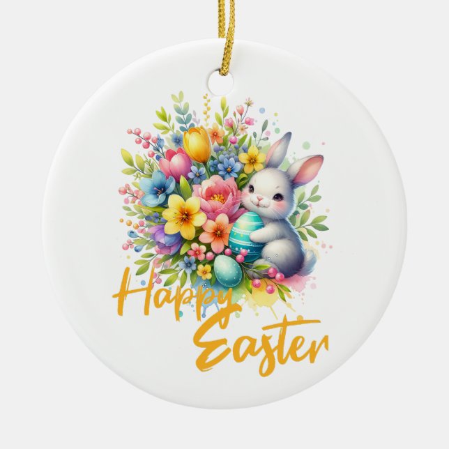 Frohe Osterfrühlingssonne Blume mit niedlichem Has Keramik Ornament (Vorne)
