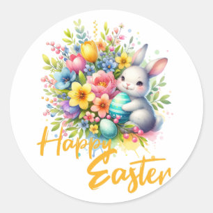 Frohe Osterfrühlingssonne Blume mit niedlichem Has Runder Aufkleber