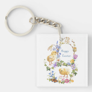 Frohe Ostern Aquarell-Küken Floralkranz Schlüsselanhänger