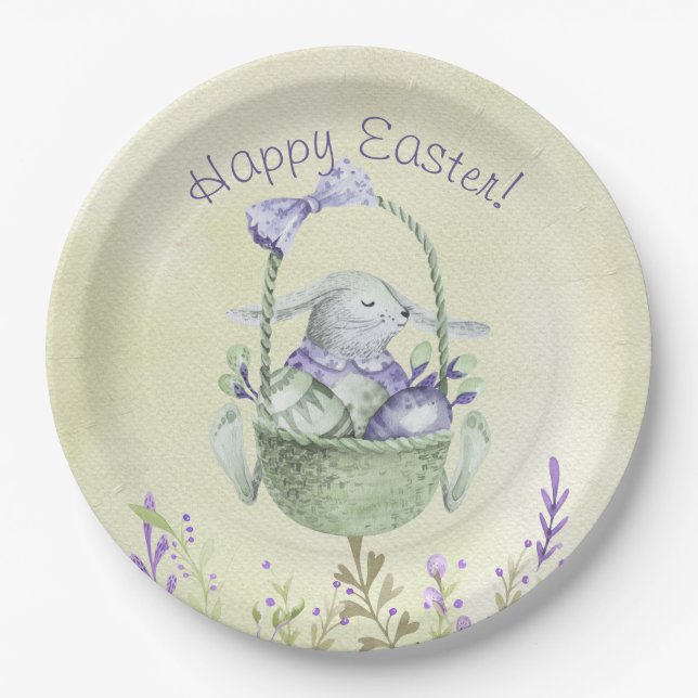 Frohe Ostern! Aquarelllavene und Minze grün Pappteller (Vorderseite)