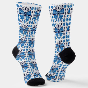 Frohe Ostern Blaue Schleife Folk Art Hase & Eier F Socken