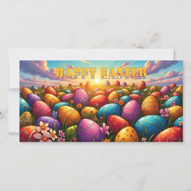 Frohe Ostern Bunte Eier auf einer Frühlingswiese (Vorderseite)