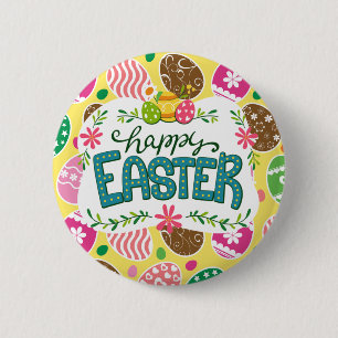 Frohe Ostern Bunte Ostereier Muster Gelb Button