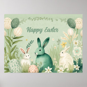 Frohe Ostern Drei Hasen in einem Salbeigrünen Gart Poster