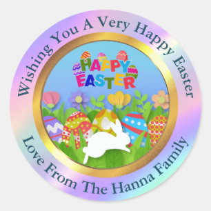 Frohe Ostern - Florales Kaninchen & Eier Favor Runder Aufkleber