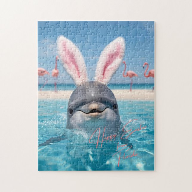 Frohe Ostern Florida Strand Flamingos und Delfin (Vertikal)