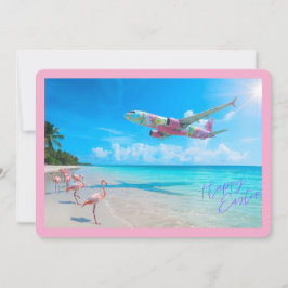 Frohe Ostern Flugzeug über Strand mit Flamingos Feiertagskarte