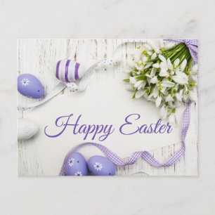 Frohe Ostern Frühlingsblumen, lila bemalte Eier Postkarte