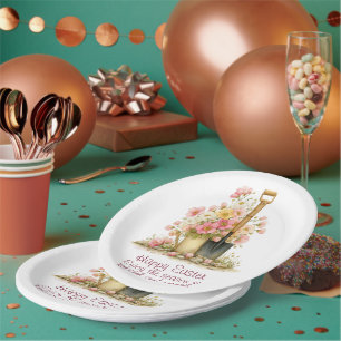 Frohe Ostern Frühlingsrosa und gelbe Blumen Spaten Pappteller