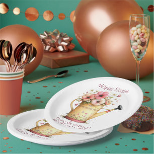 Frohe Ostern Frühlingsrosane und gelbe Blumen Pappteller